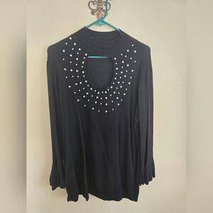 Ashley Stewart Black Long Sleeve Pearl-Accent Mock Neck Top